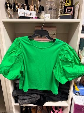 a new day Green Puff-Sleeve Crop Top M cotton blend